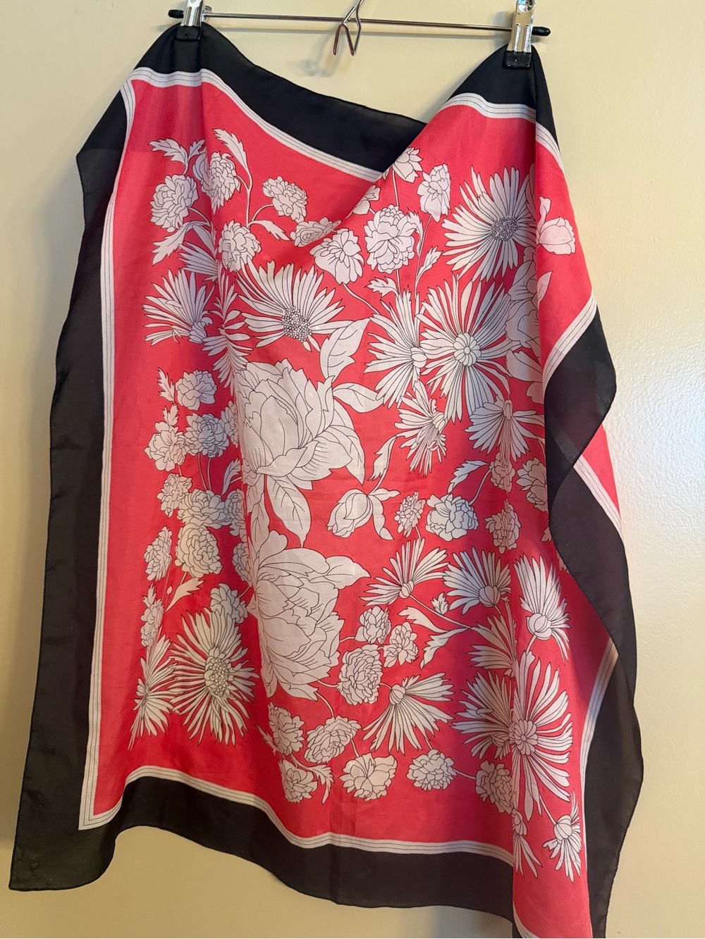 Floral Print Red and Black Silk Scarf